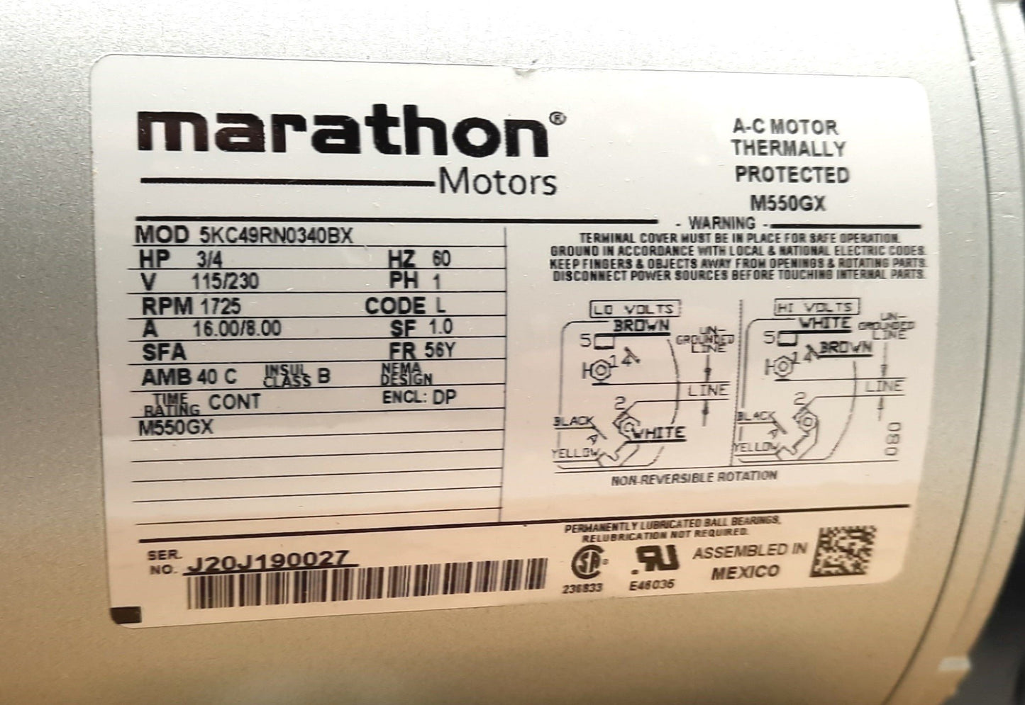 New GAST 5LCA-46S-M550GX Piston Air Compressor Single Phase 115/230VAC 8.4A 1725 RPM