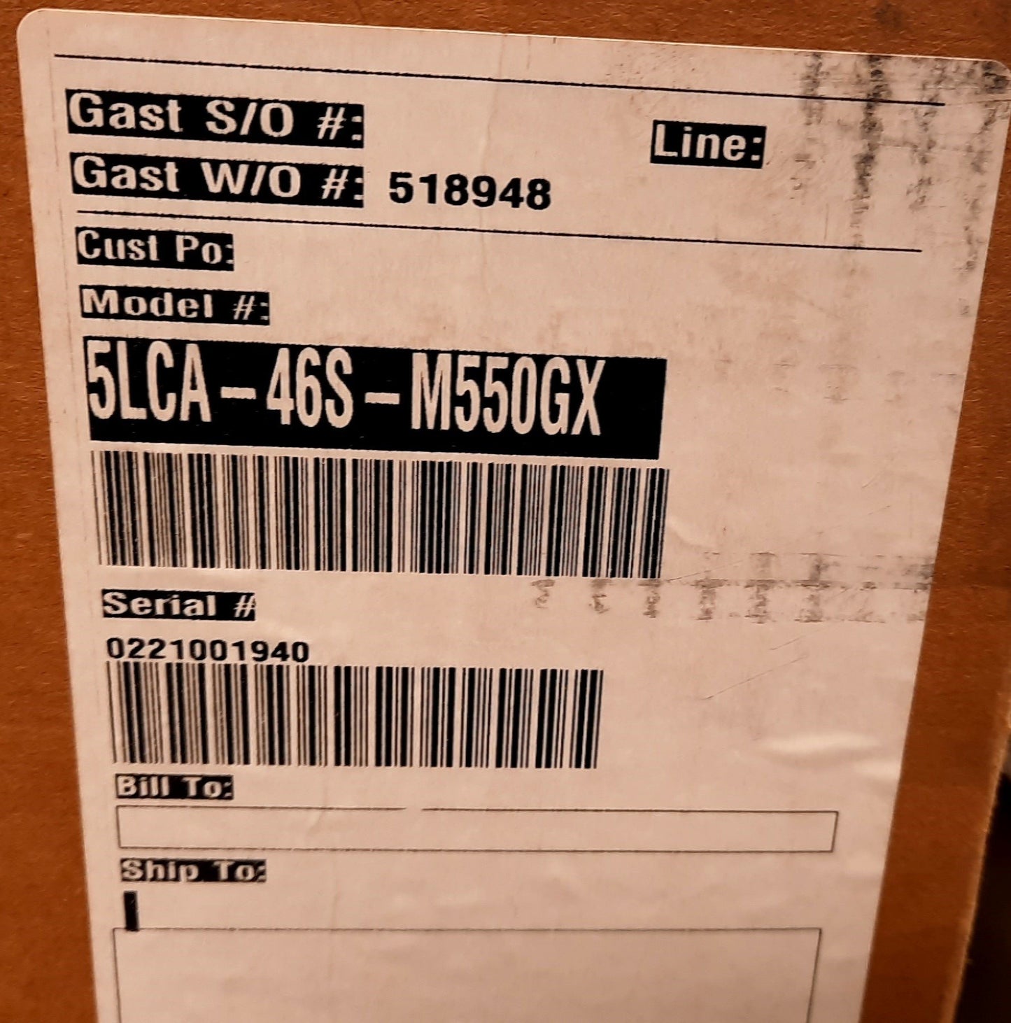 New GAST 5LCA-46S-M550GX Piston Air Compressor Single Phase 115/230VAC 8.4A 1725 RPM
