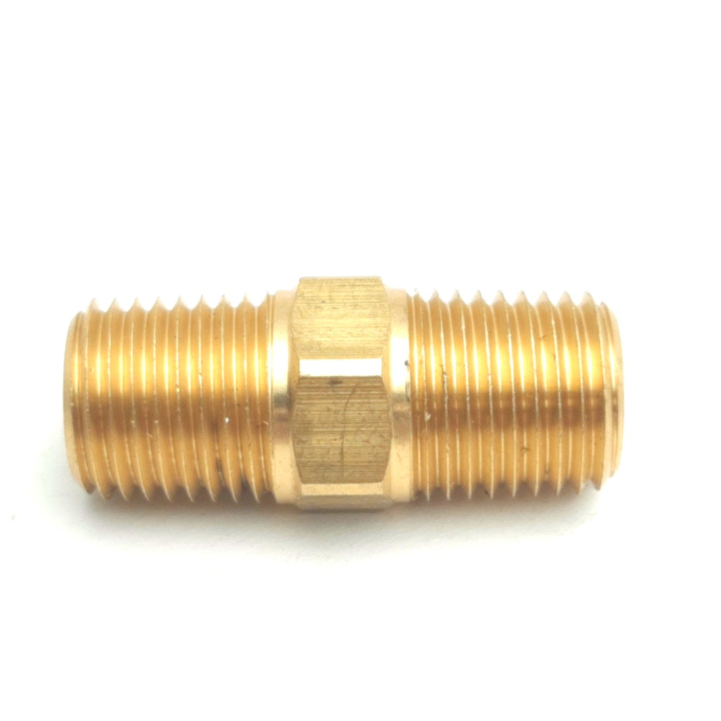 New – Open box Lot of 35 Polyconn PC122B-4 Brass Nipple Hex, 1/4in NPT Male, 1-3/8in Length
