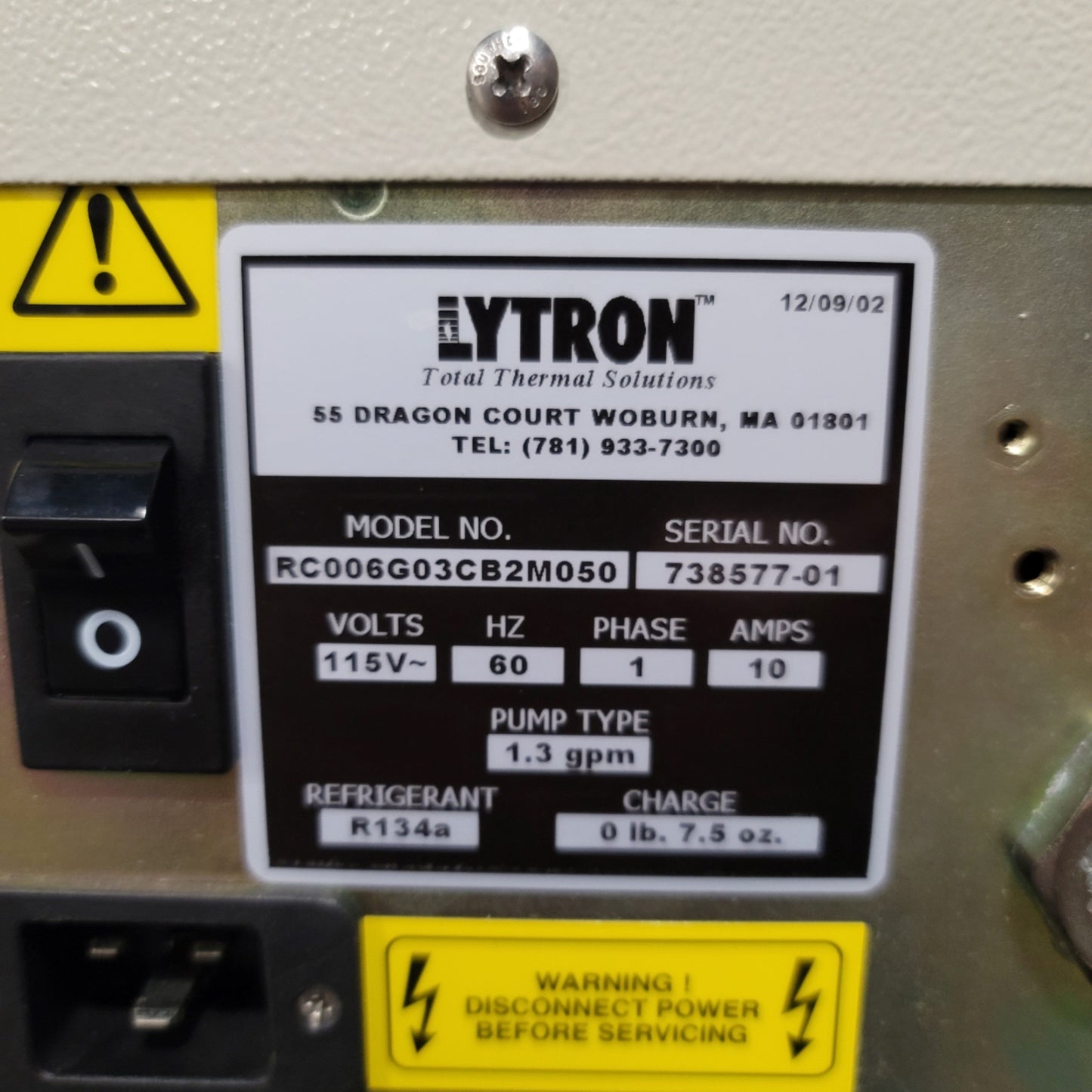 Used Lytron RC006G03CB2M050 Kodiak Recirculating Chiller 825W, 1.3GPM, 115VAC 9.9A