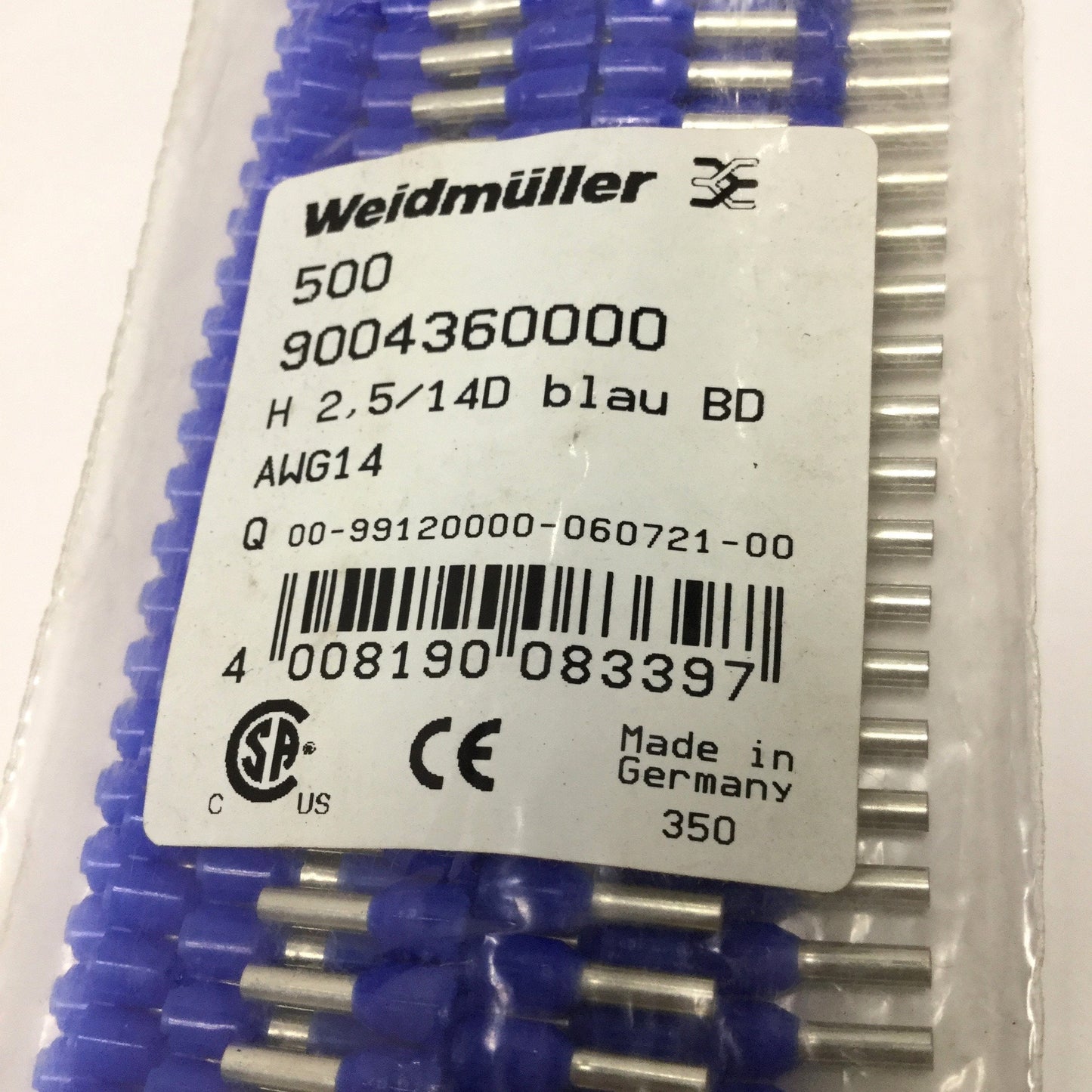 New Bag of 500 Weidmuller 9004360000 Single Wire-End Ferrules, 14 AWG 2.5mm², Blue