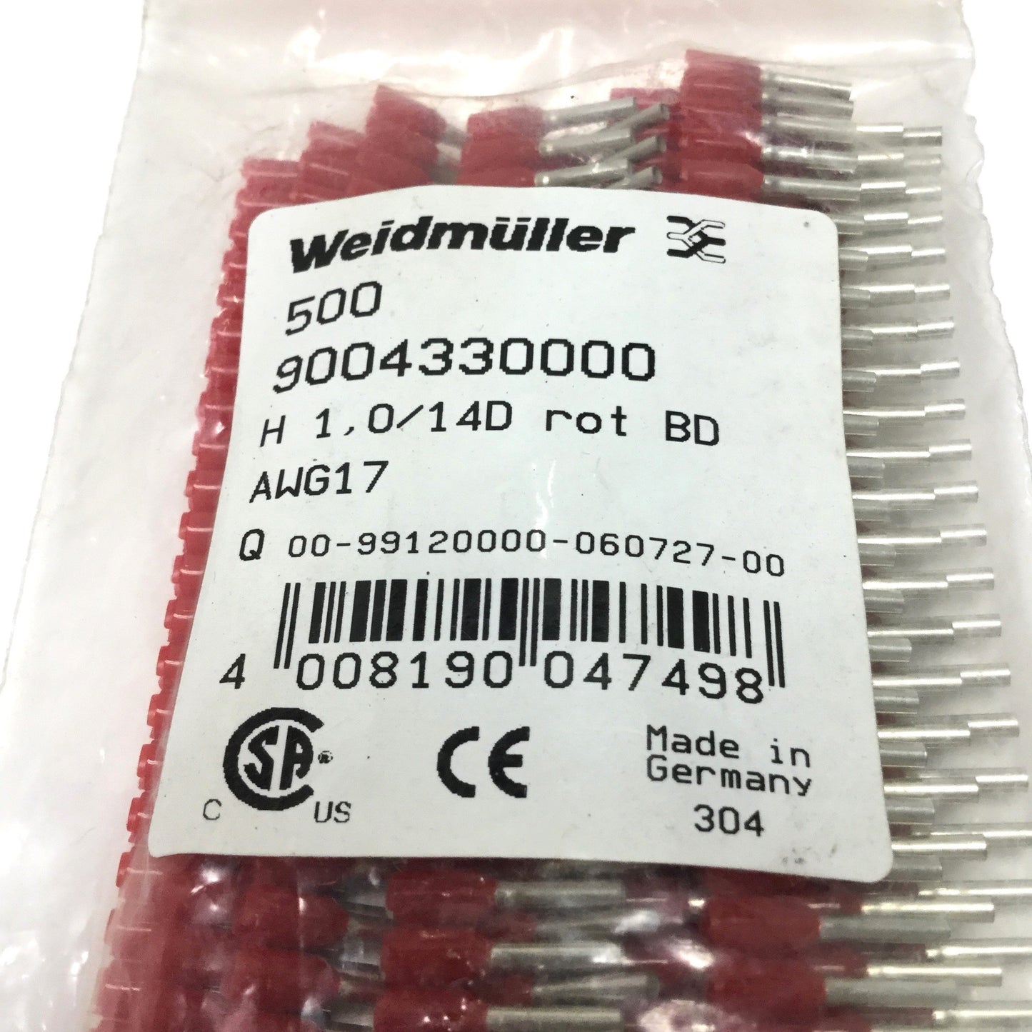 New Bag of 500 Weidmuller 9004330000 Single Wire-End Ferrules, 17 AWG 1mm², Red