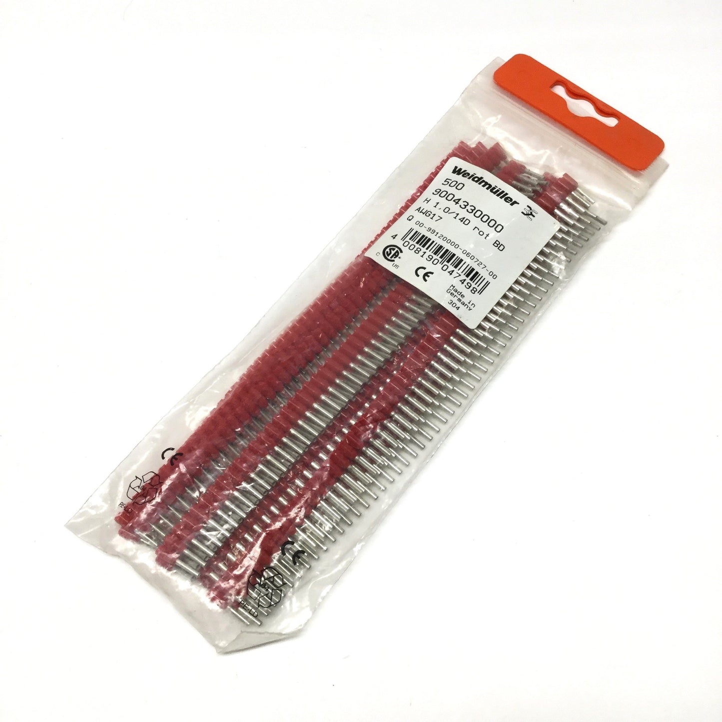 New Bag of 500 Weidmuller 9004330000 Single Wire-End Ferrules, 17 AWG 1mm², Red