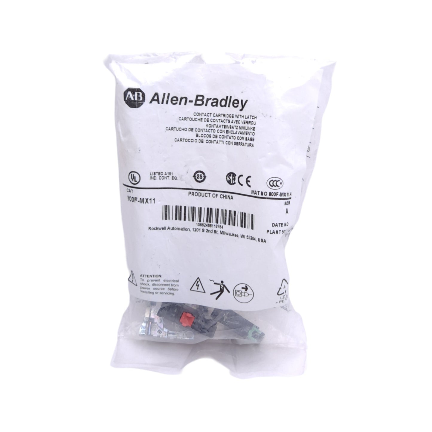 New Allen Bradley 800F-MX11 Contact Cartridge W/ Latch Mount, 1x N.O. 1x N.C.