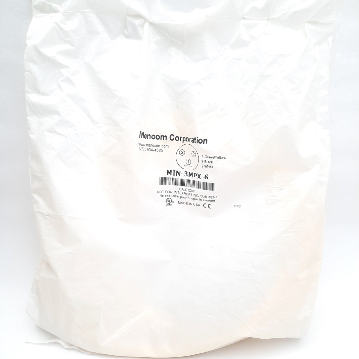 New Mencom MIN-3MPX-6 Cordset, Single Ended 3 pin Straight Male, MIN Size I, 7/8-16