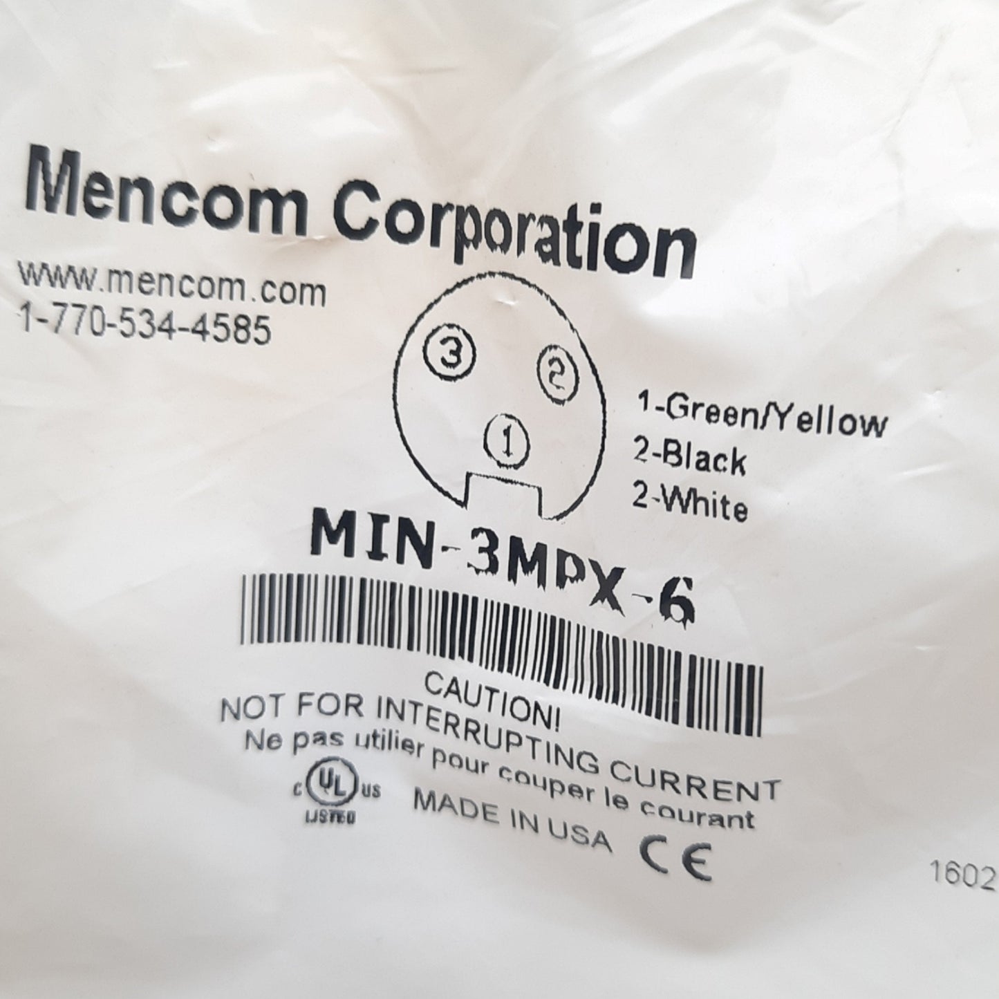 New Mencom MIN-3MPX-6 Cordset, Single Ended 3 pin Straight Male, MIN Size I, 7/8-16