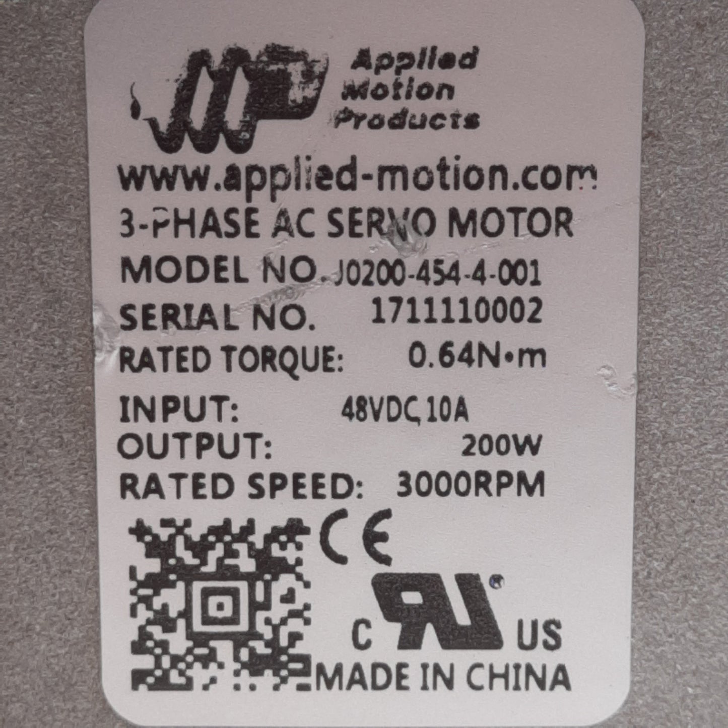 New Applied Motion J0200-454-4-001 Servo Motor 48VDC 200W 0.64Nm 3000RPM 60mm Frame