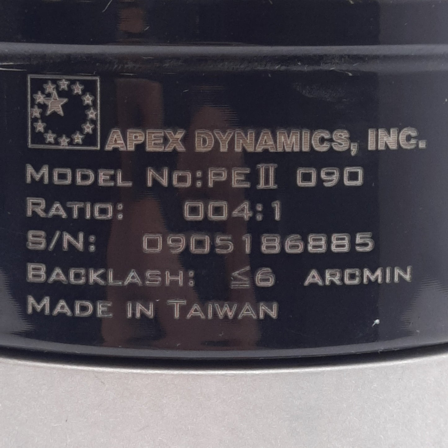 Used Apex Dynamics PEII090-004 Planetary Gearbox 4:1, ø7/8in Shaft, ø1/2in Input