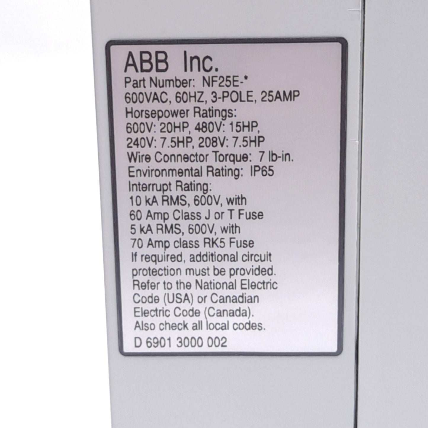 New ABB NF25E-3PB4B Enclosed Disconnect Switch, 3-Pole, 600VAC 25A, Pistol Handle