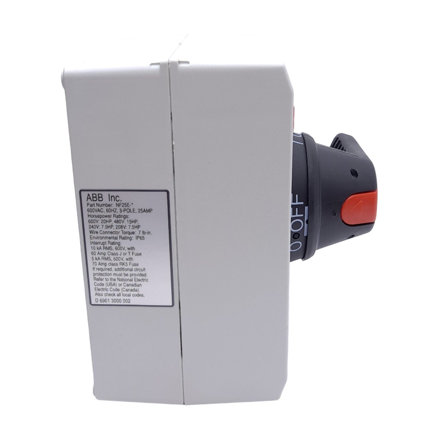 New ABB NF25E-3PB4B Enclosed Disconnect Switch, 3-Pole, 600VAC 25A, Pistol Handle