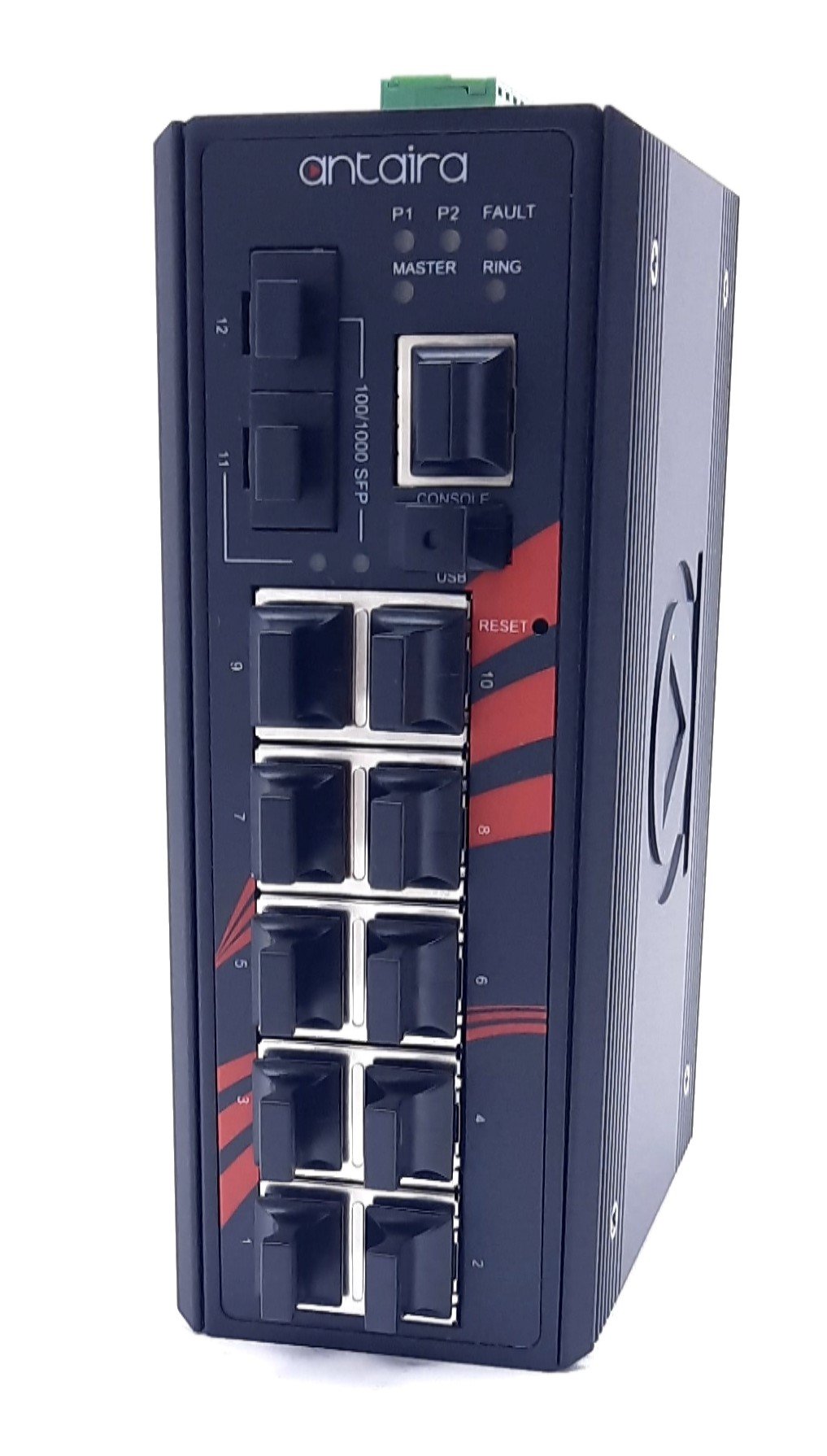 New Antaira LMX-1202G-SFP 12-Port Managed Gigabit Ethernet Switch 24VDC, 1A 12-48VDC