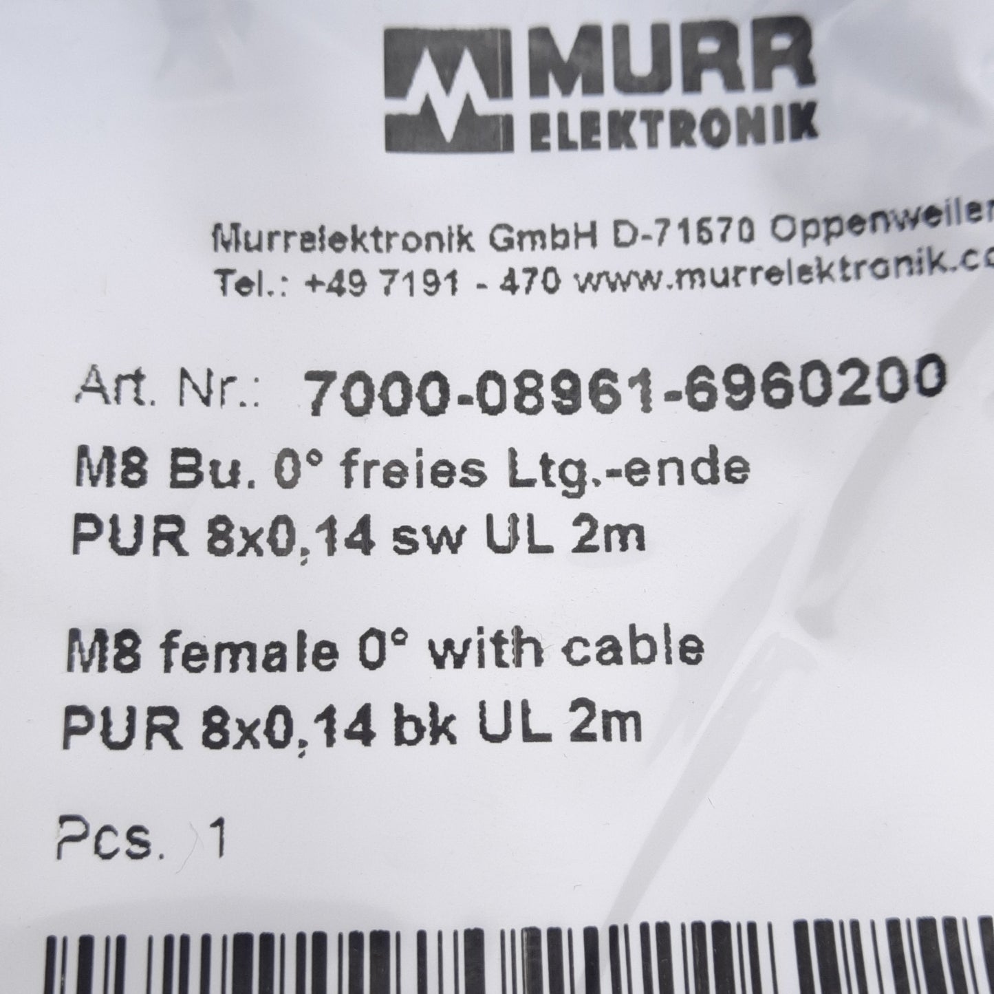 New Murr Elektronik 7000-08961-6960200 Cordset, 30VAC/DC 1.5A, 8-Pin M8 Female, 2m
