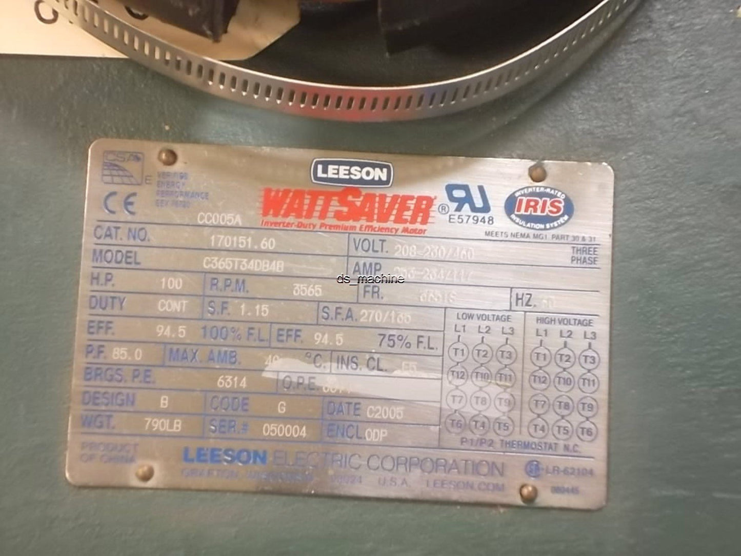 Used Leeson 170151.60 C365T34DB4B 100HP 75kW AC Motor 208-230/460V 260/130A 3565 RPM