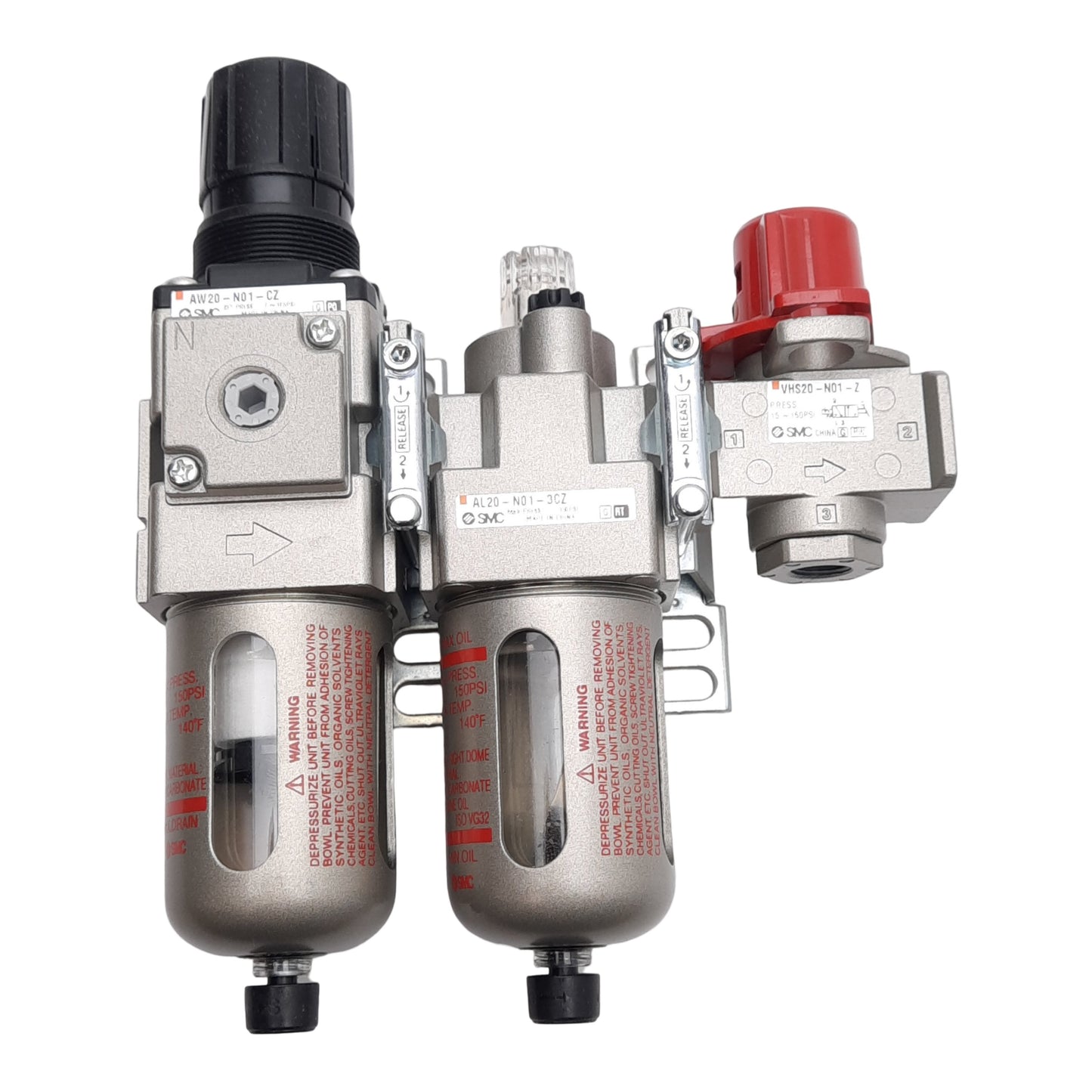 New SMC AC20A-N01G-V-3CZ Filter Regulator + Lubricator 150PSI, 5µm Filter, 1/2in NPT