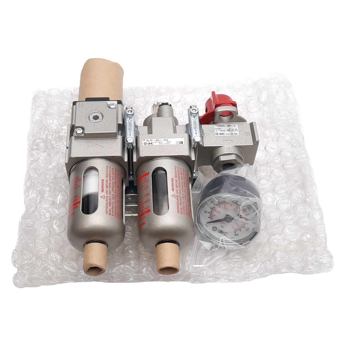 New SMC AC20A-N01G-V-3CZ Filter Regulator + Lubricator 150PSI, 5µm Filter, 1/2in NPT