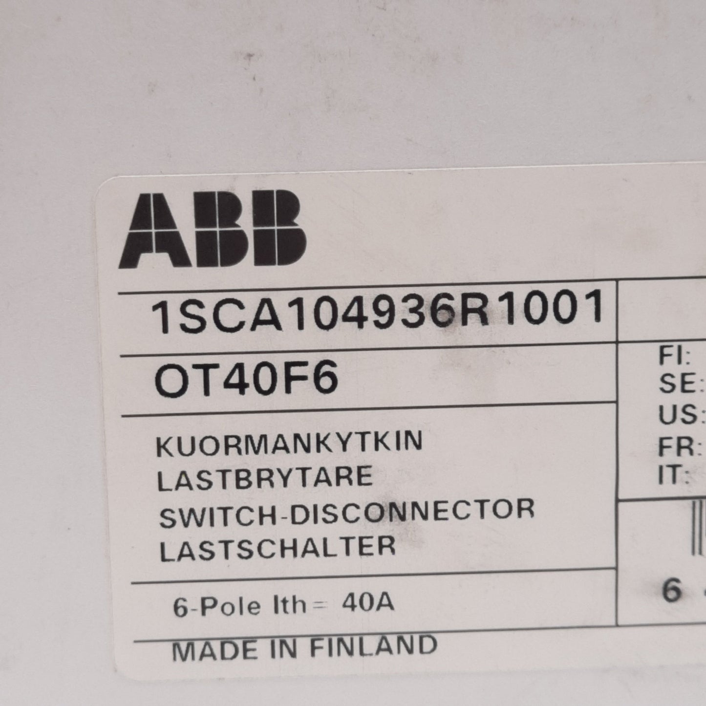 New ABB 1SCA104936R1001 Disconnect Switch, 6-Pole, 40A 600VAC, DIN Rail/Panel Mount