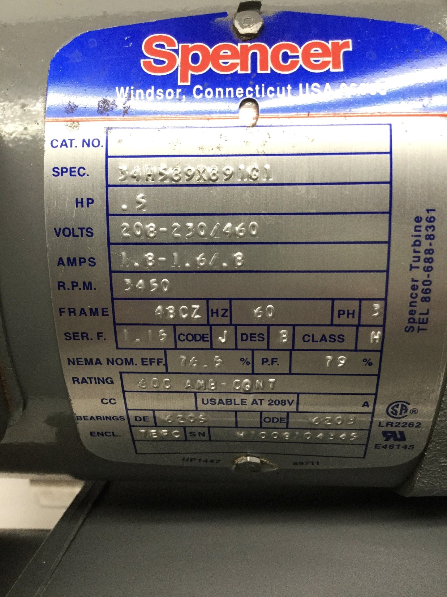 Used Spencer VB-003B-010 Vortex Regenerative Blower 208-230/460VAC 3PH, 60CFM, 1/2HP