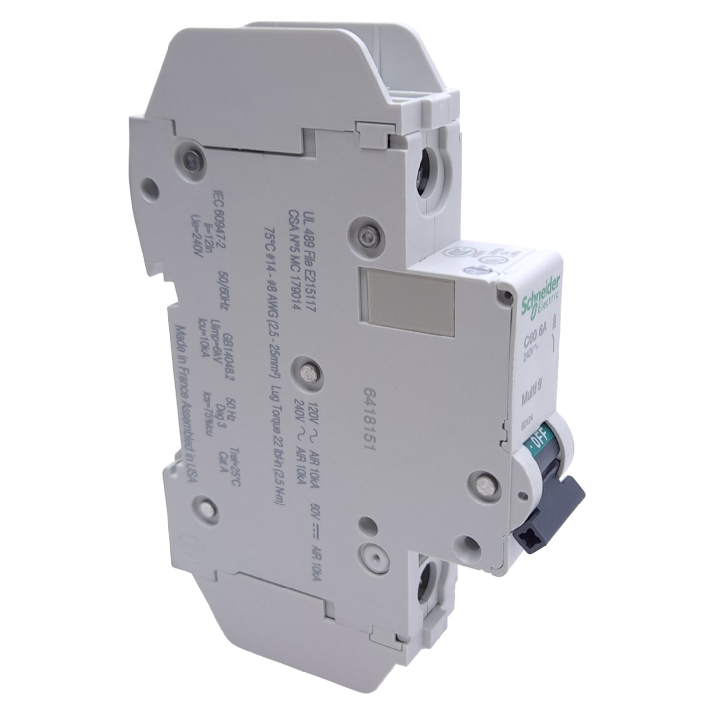 New Schneider Electric 60124 Circuit Breaker, 1-Pole, 6A, 120/240VAC, DIN Rail