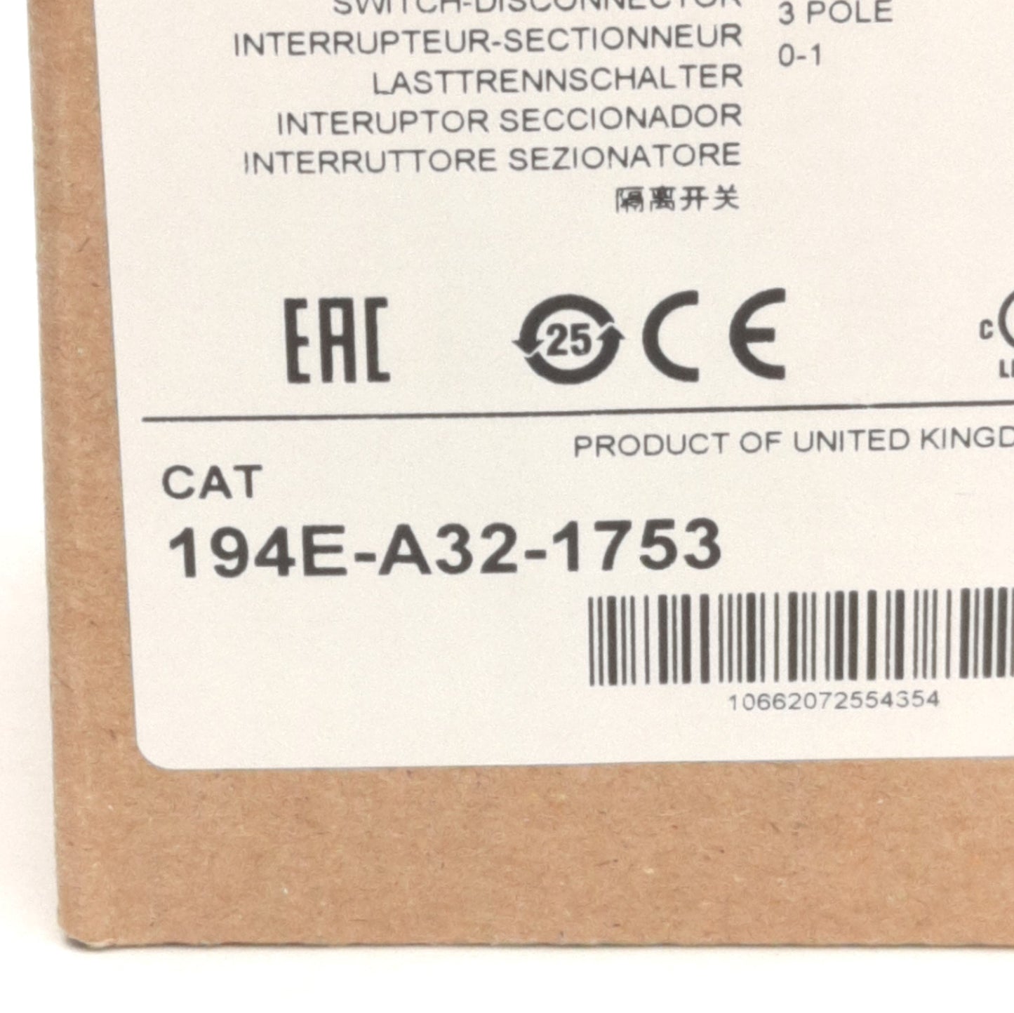 New Allen Bradley 194E-A32-1753 Disconnect Switch 3-Poles, 600VAC, 32A, DIN Rail