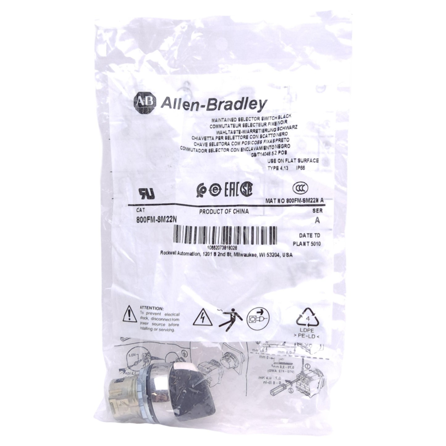 New Allen Bradley 800FM-SM22N Selector Switch Maintained 2-Position ø22.5mm Mounting