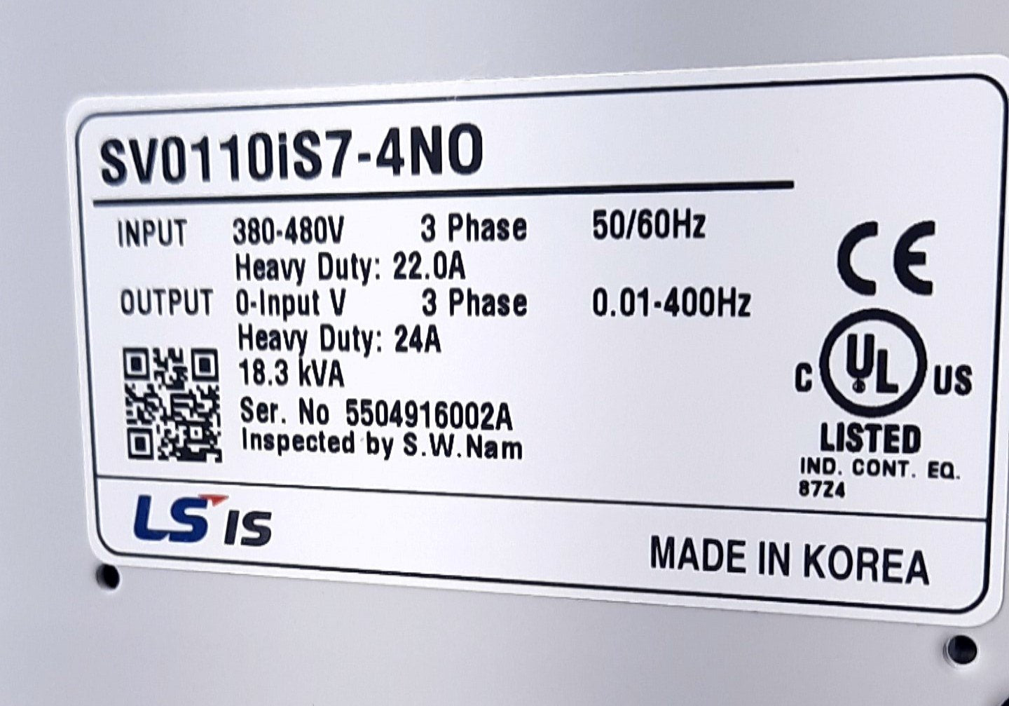New LS Electric SV0110IS7-4NO Variable Frequency Drive 3 Phase 480VAC 30A 24A