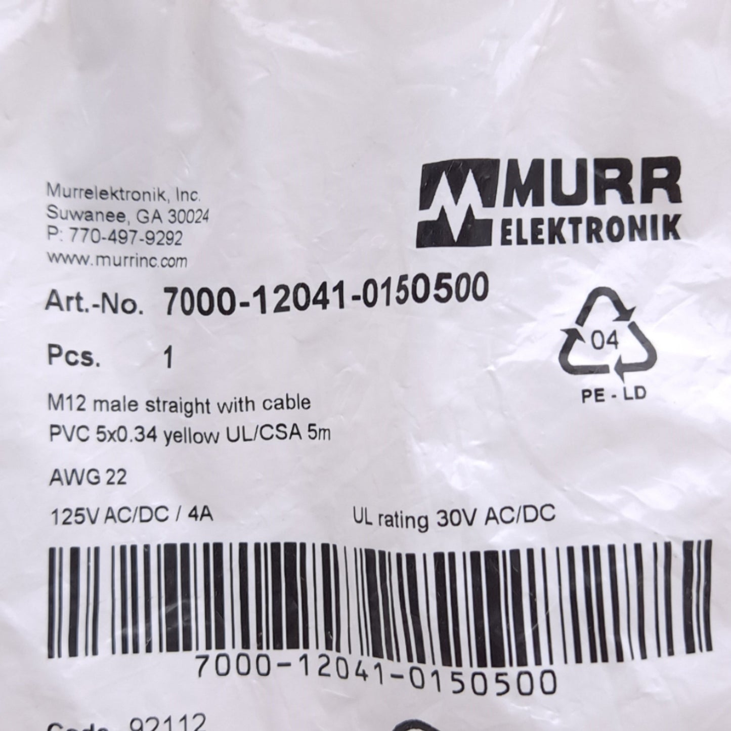 New Murr Elektronik 7000-12041-0150500 Cordset, M12 5-Pin Male to Flying Leads, 5m