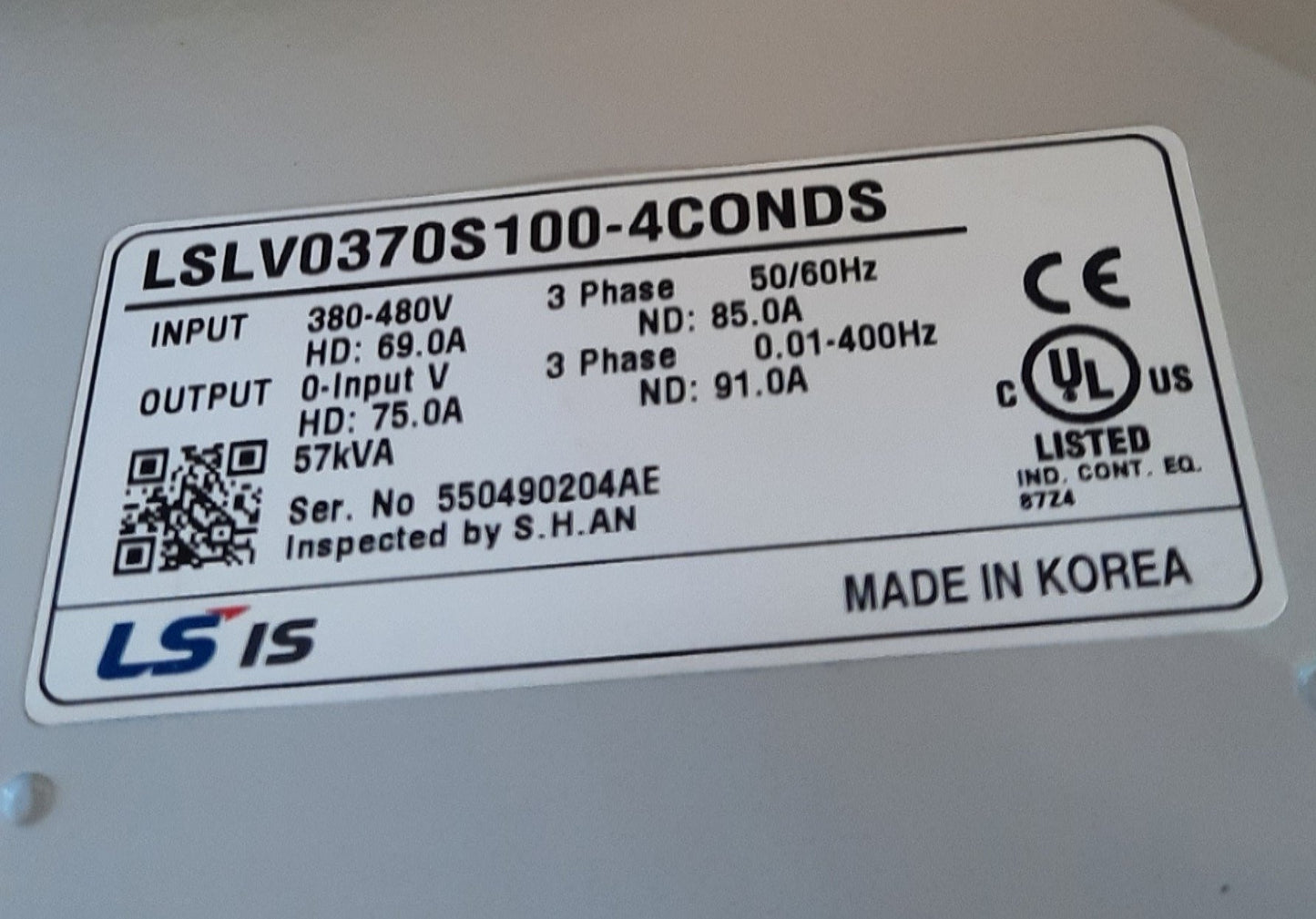New LS Electric LSLV0370S100-4CONDS Variable Frequency Drive 3 Phase 480VAC 91A 75A