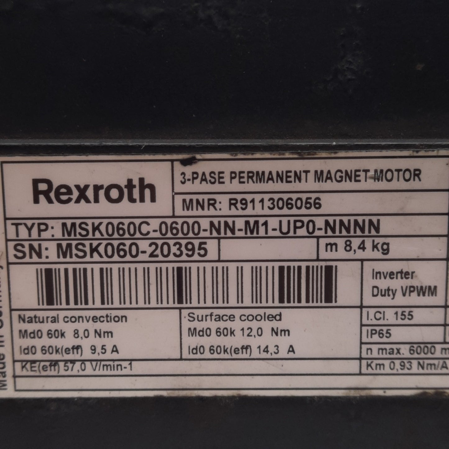 Used Rexroth MSK060C-0600-NN-M1-UP0-NNNN Synchronous Motor 3Ø 600VAC 9.5A 115mm Frame
