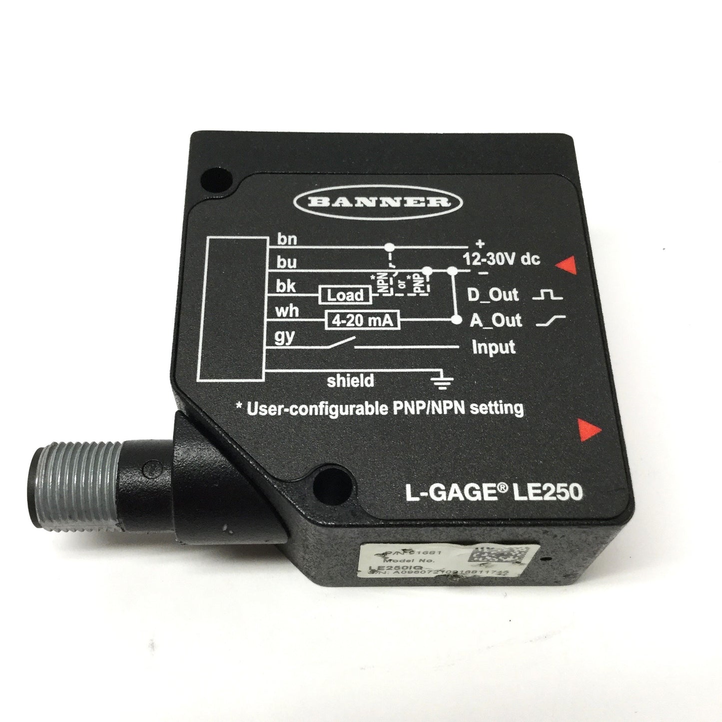 Used Banner LE250IQ L-GAGE Laser Displacement Sensor, 100-400mm Range, 24VDC, 4-20mA