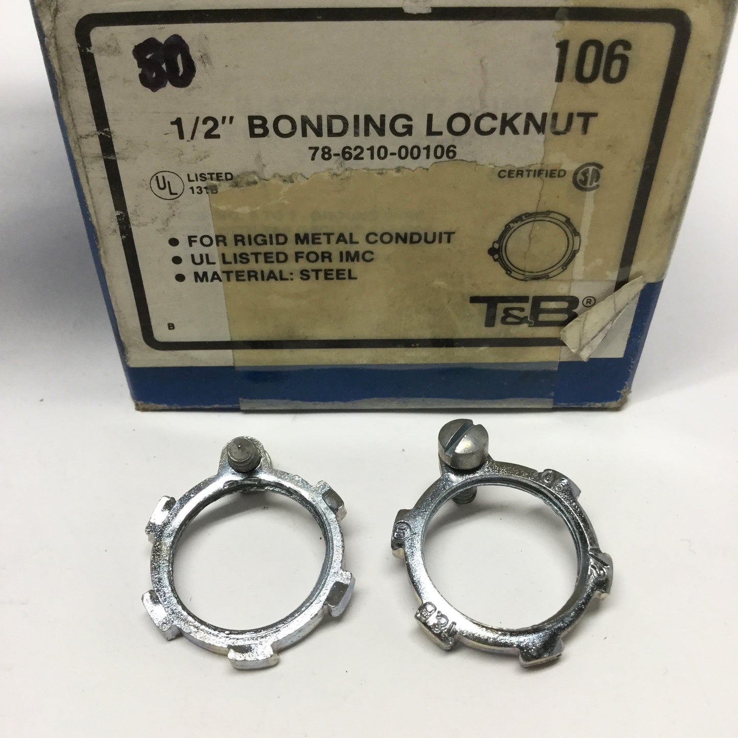 New Box of 80 T&B Thomas Betts 106 Rigid Metal Conduit Bonding Locknuts 1/2", Steel