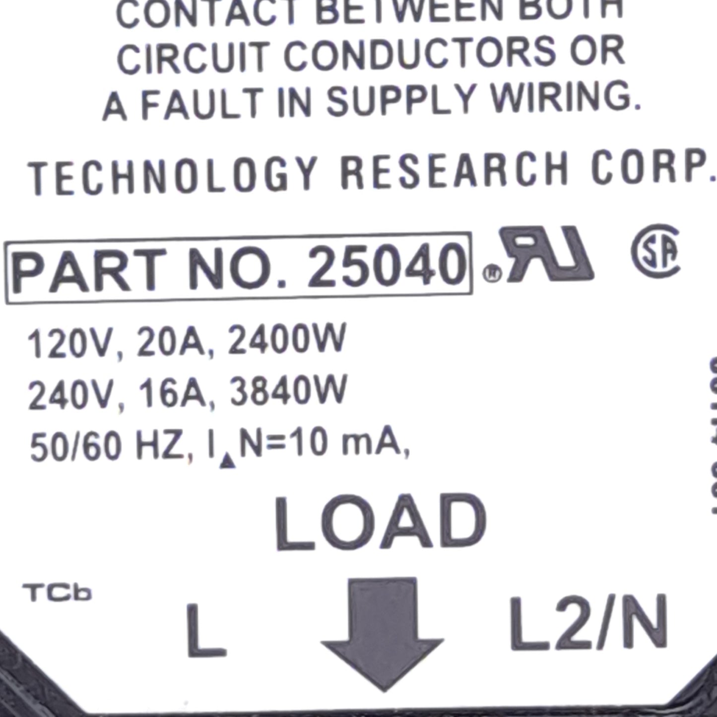 Used TRC 25040 ELCI Circuit Breaker, 120V/20A & 240V/16A, 10mA Trip Level, 12-18 AWG