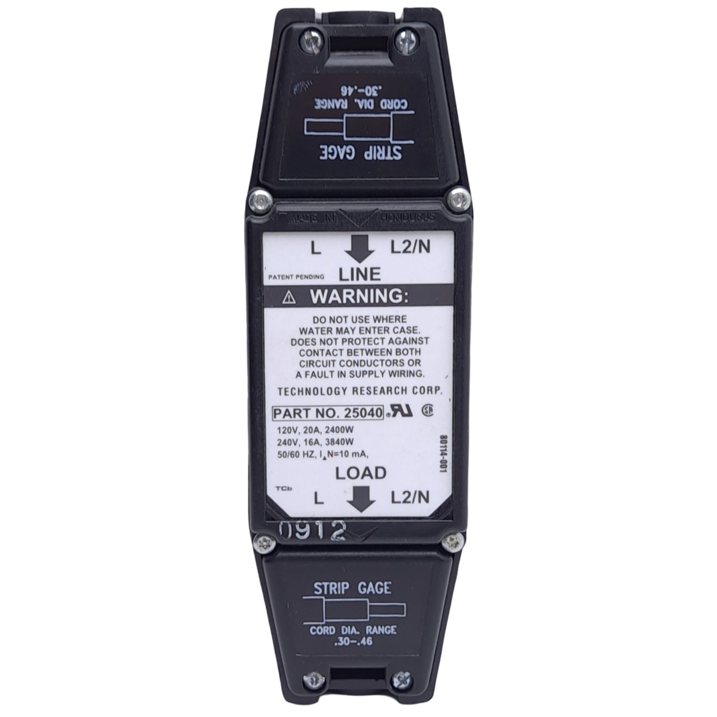 Used TRC 25040 ELCI Circuit Breaker, 120V/20A & 240V/16A, 10mA Trip Level, 12-18 AWG