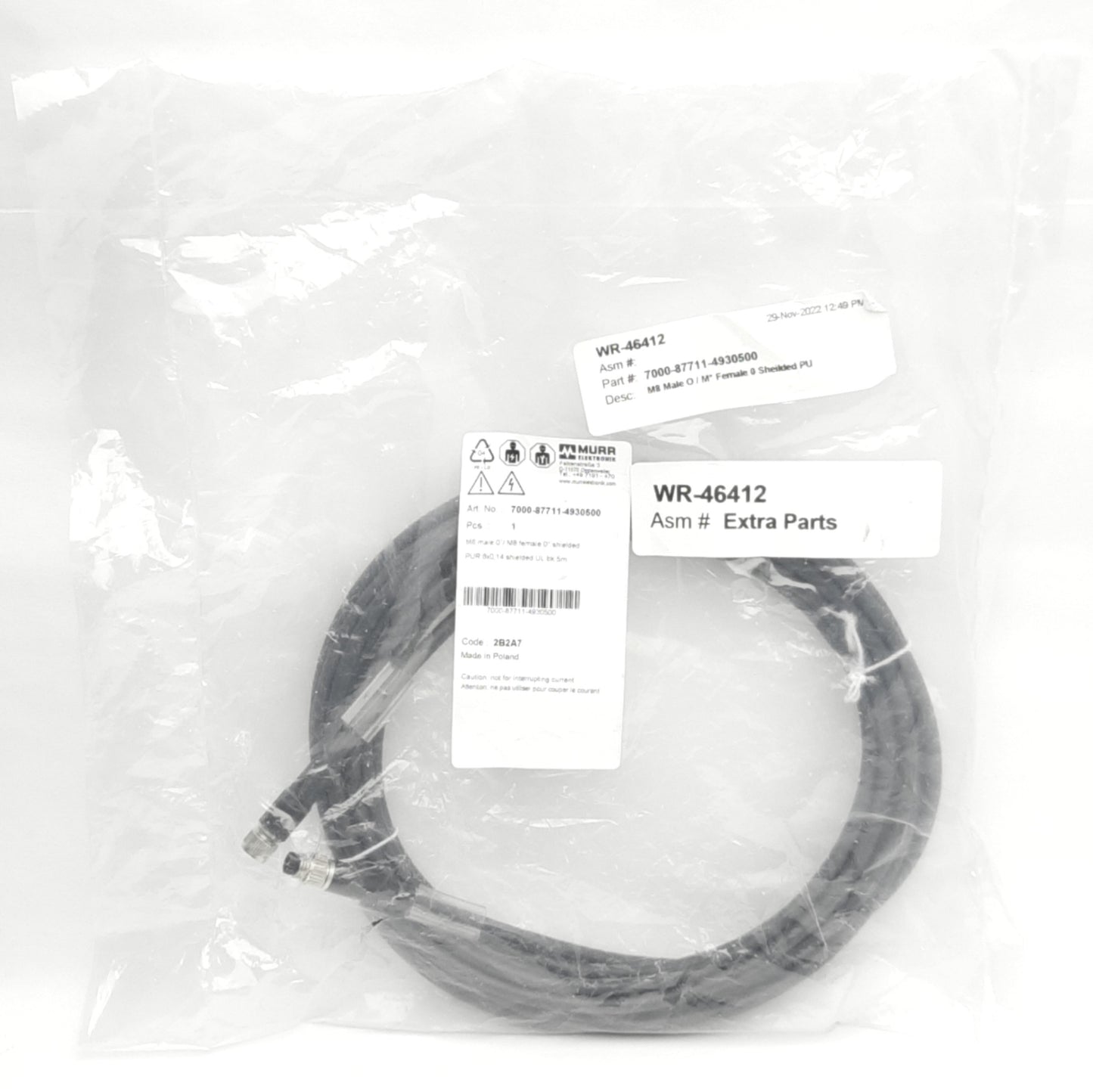 New Murr Elektronik 7000-87711-4930500 Sensor Cordset M8 6-P Male to Female, 5m