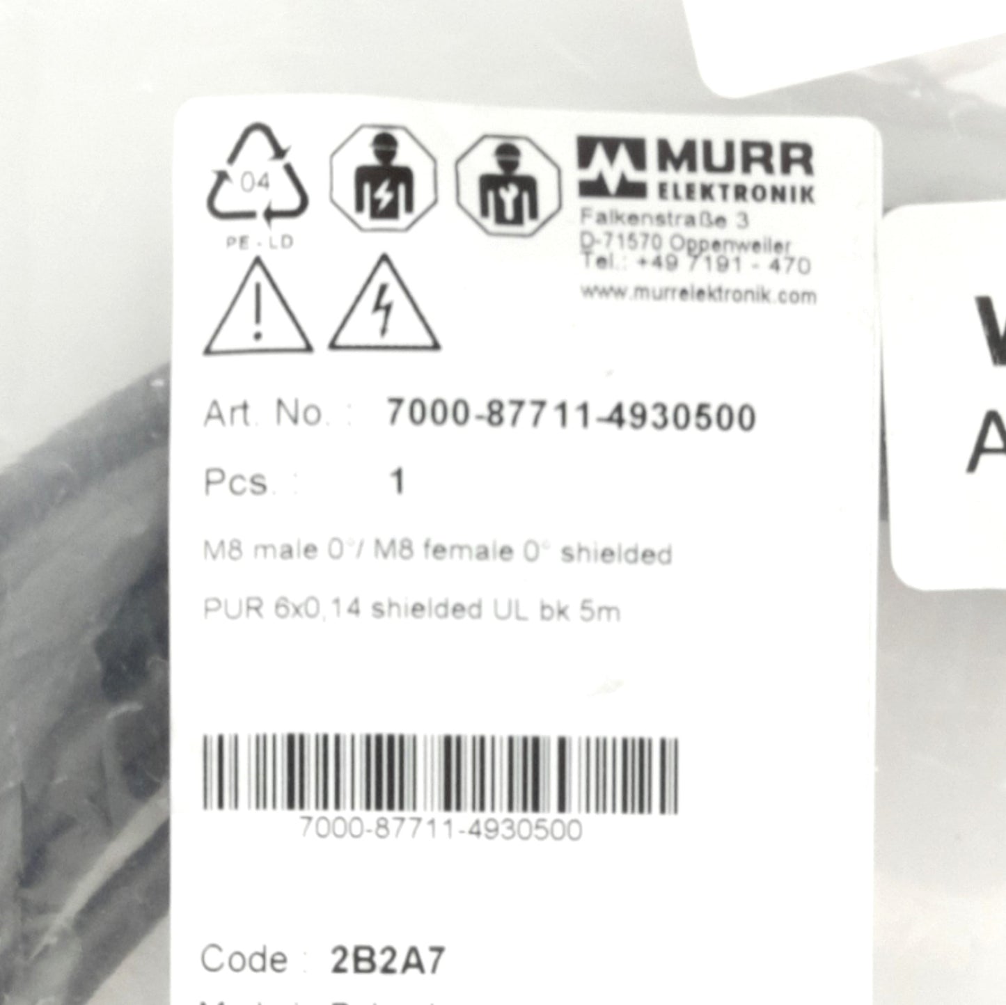 New Murr Elektronik 7000-87711-4930500 Sensor Cordset M8 6-P Male to Female, 5m