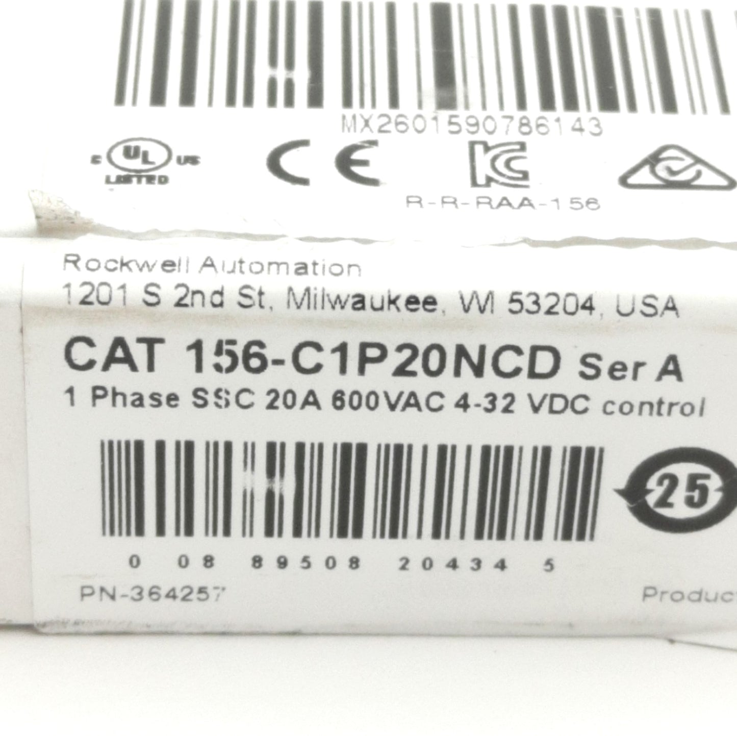 New Allen Bradley 156-C1P20NCD Solid State Contactor, 600VAC 20A, 4-32VDC Control