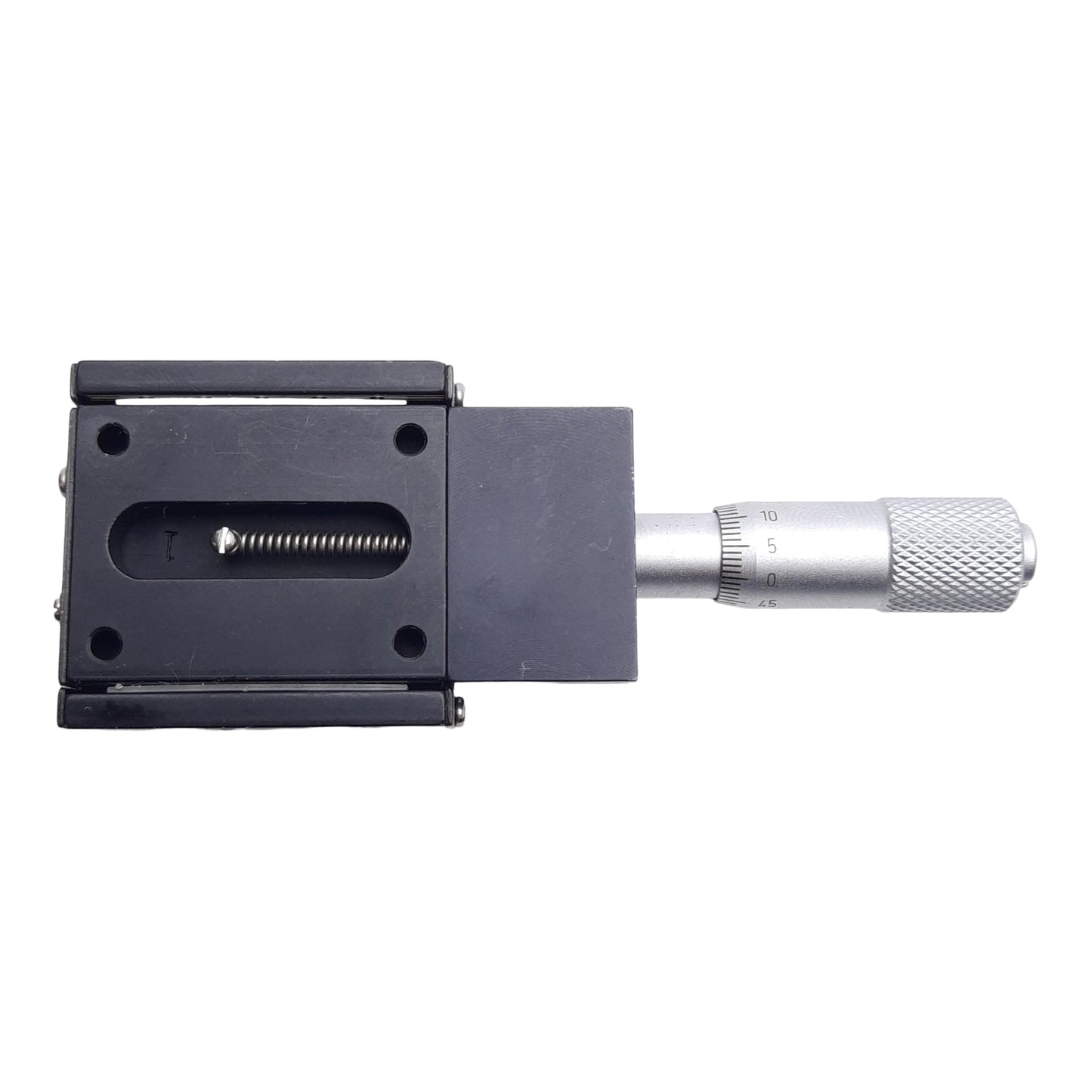 Used Del-Tron 101MM Micrometer Positioning Stage, 13mm Travel, 1.8kg Load, M2 Holes