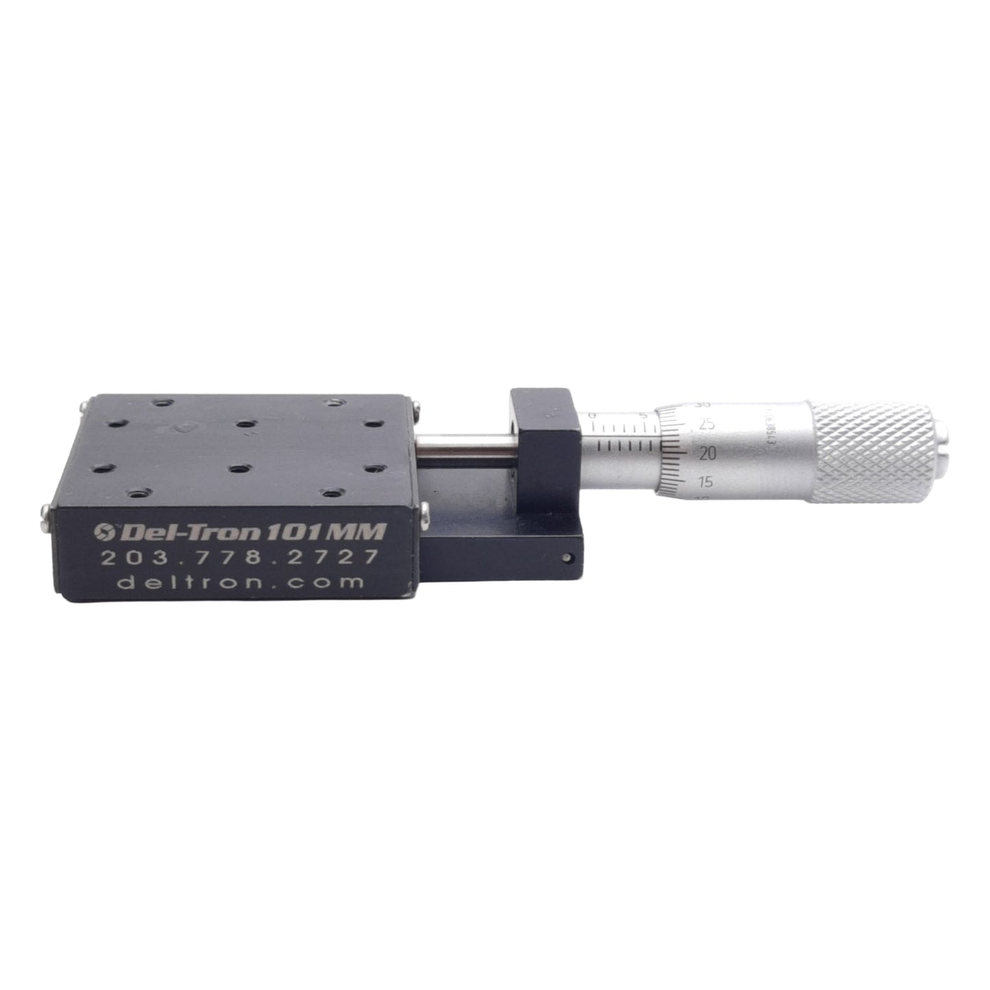 Used Del-Tron 101MM Micrometer Positioning Stage, 13mm Travel, 1.8kg Load, M2 Holes