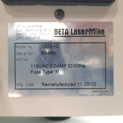Used BETA Lasermike 1020-10 LASER Micrometer Controller, 2x Heads, 115VAC 2A