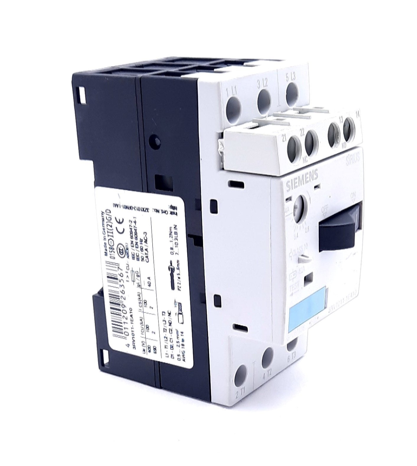 Used Siemens 3RV1011-1EA10 Circuit Breaker, 3-Pole, 2.8-4A, 690VAC DIN Rail Mount