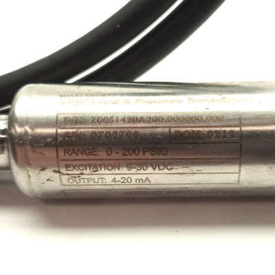 Used KPSI 700S1420A200 Pressure Transducer 0-200PSI 4-20mA 1/4"NPT 9-30VDC 6' Cable