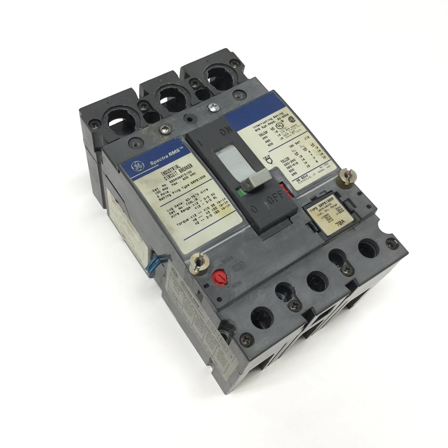 Used GE SEDA36AT0100 Spectra RMS Industrial Molded Case Circuit Breaker, 100A, 600VAC