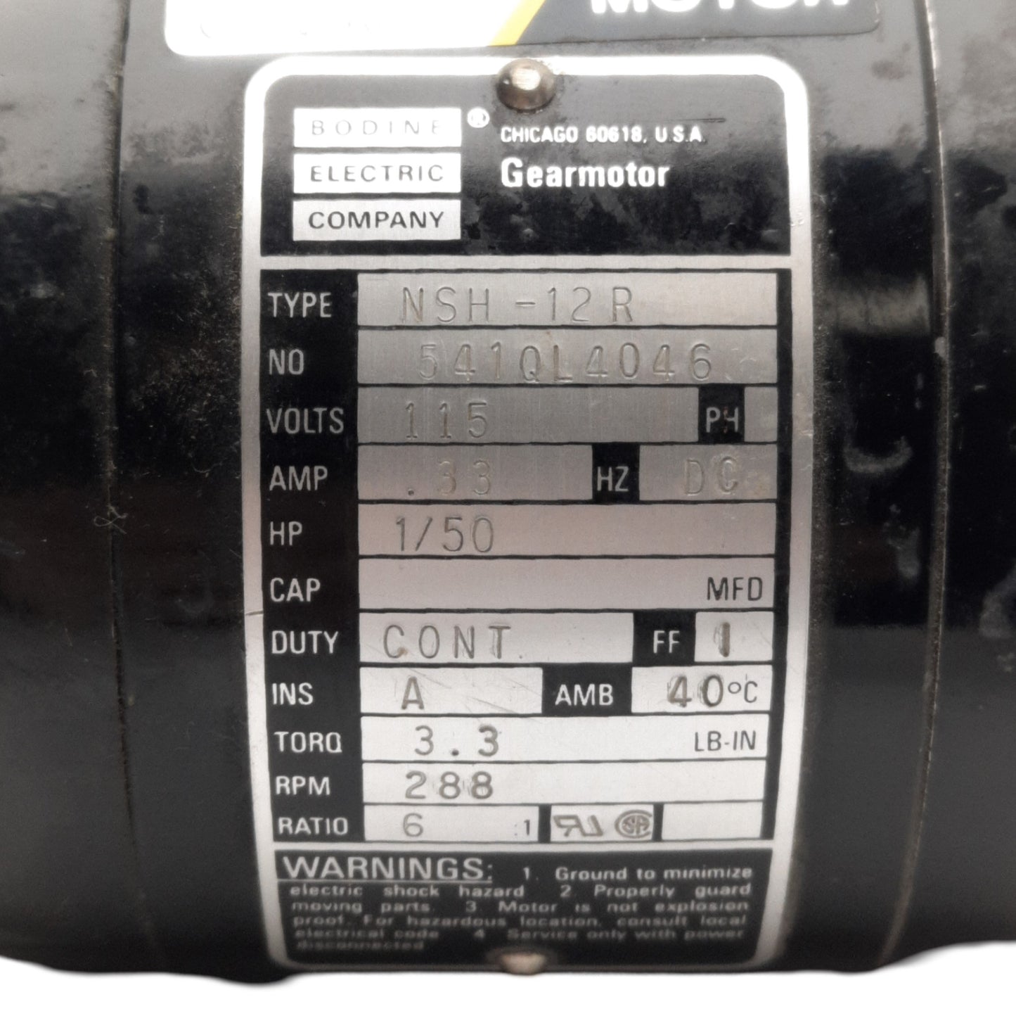 Used Bodine Electric NSH-12B Right Angle Gearmotor, 115V DC 0.33A, 6:1, 288RPM