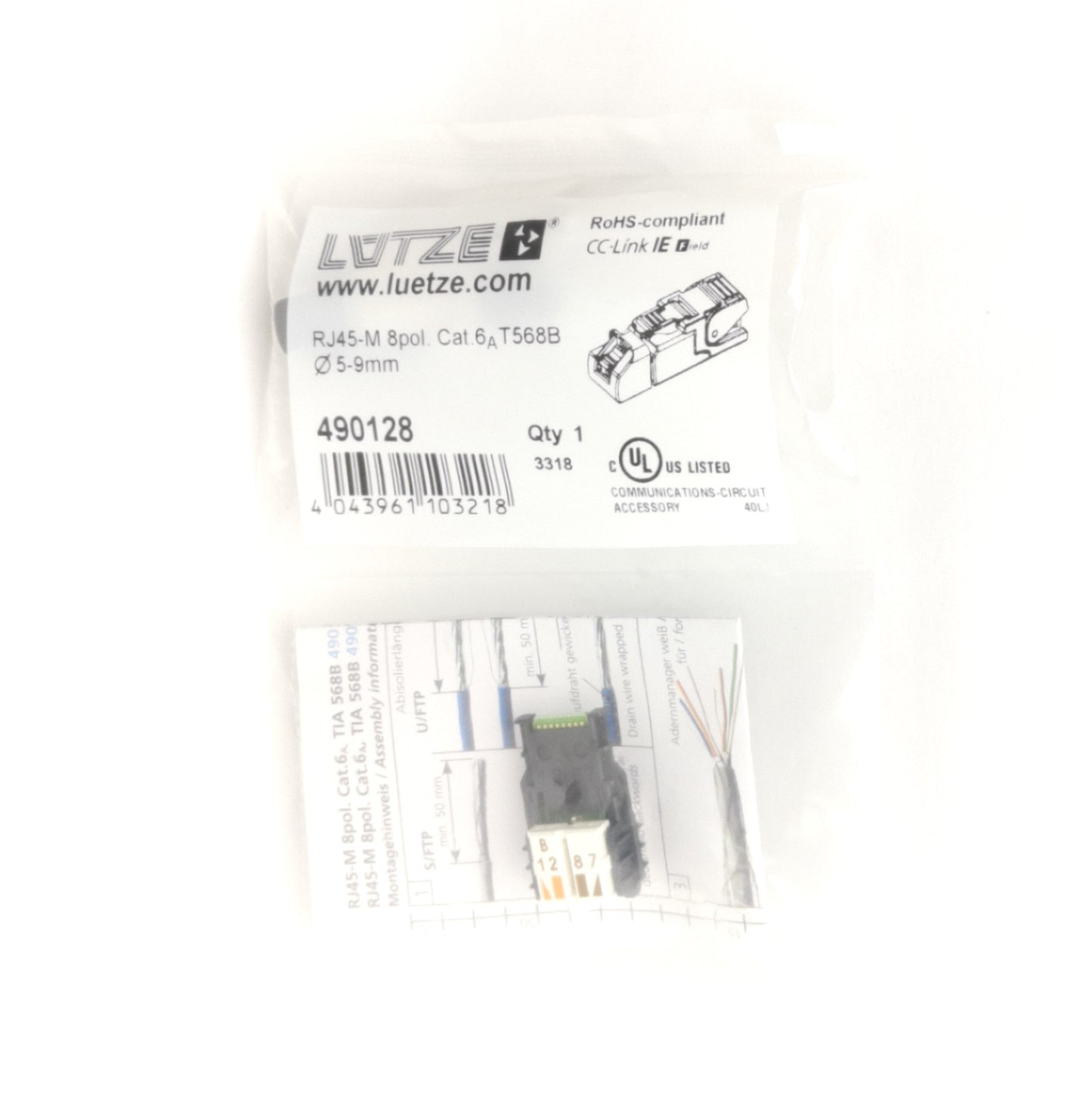 New Lutze 490128 Industrial Interface Connector, RJ45 8-Pole Male, 30V, ≤1A, Cat.6A