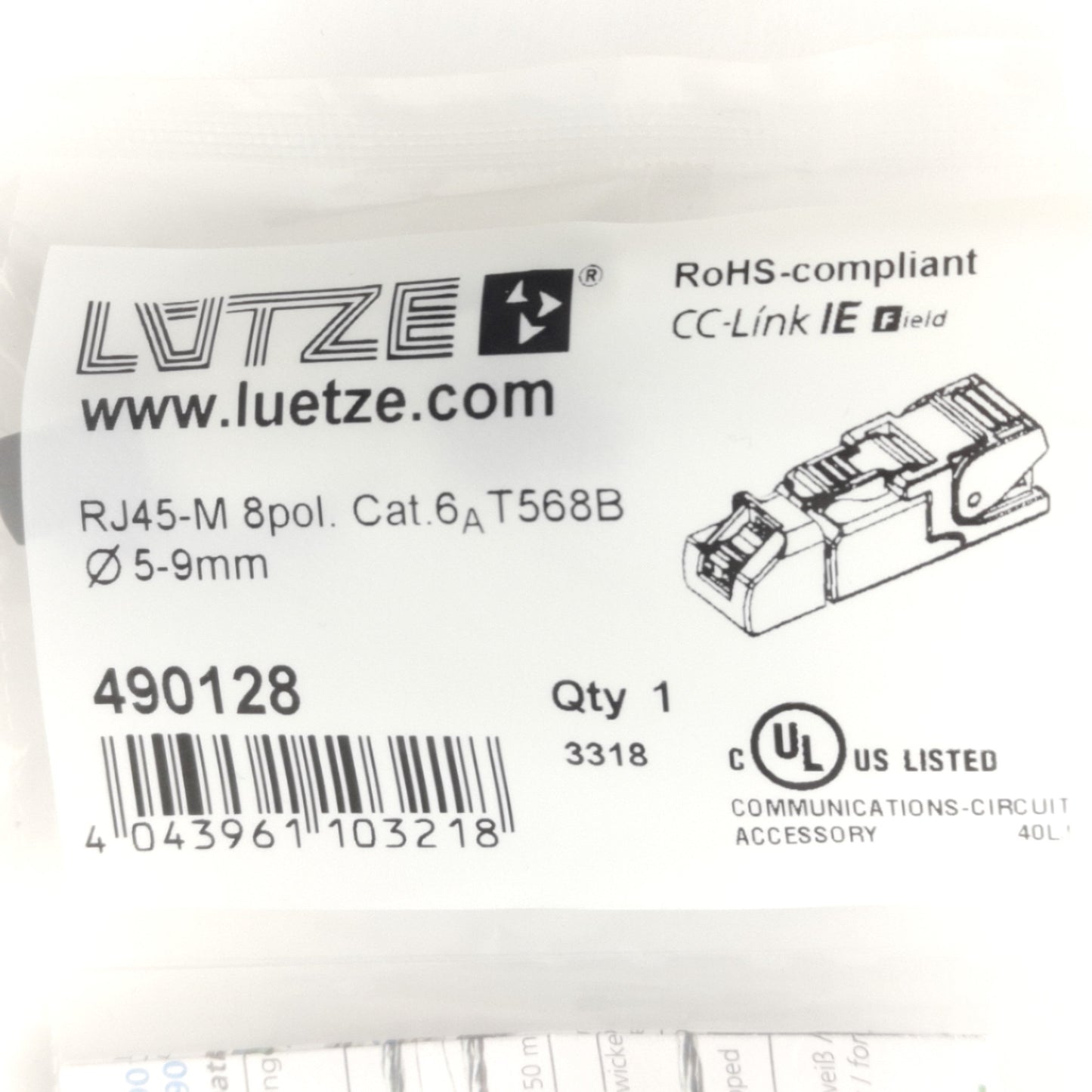 New Lutze 490128 Industrial Interface Connector, RJ45 8-Pole Male, 30V, ≤1A, Cat.6A