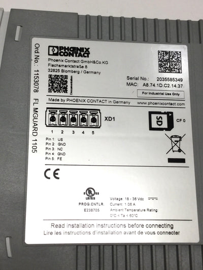Used Phoenix FL MGUARD 1105 NAT Firewall Unmanaged Switch Router, 5-Port RJ45, 24VDC