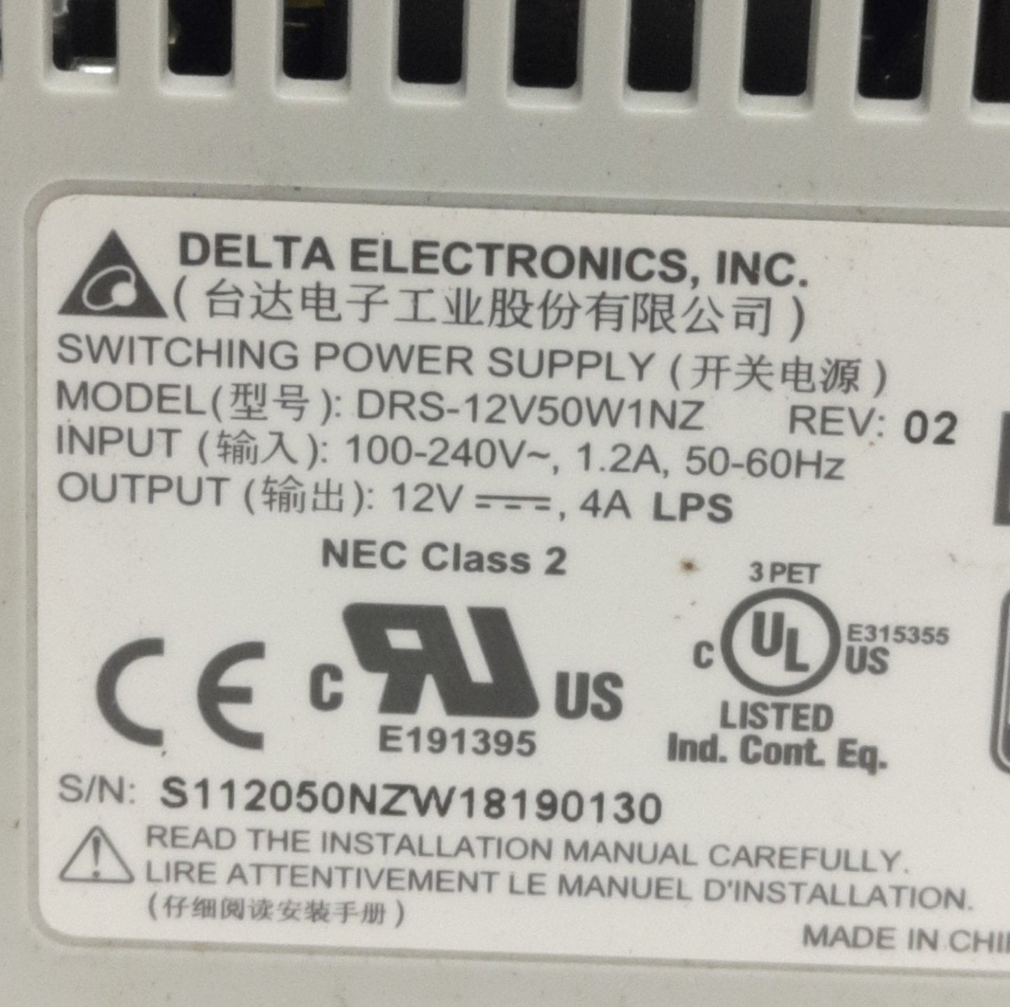 New Delta Electronics DRS-12V50W1NZ Power Supply 100-240VAC Input, 12VDC 4A Output