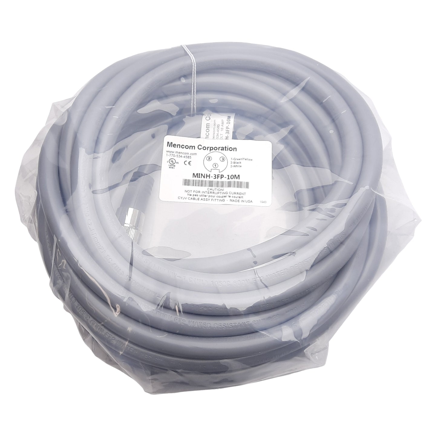 New Mencom MINH-3FP-10M Cordset 3-Pin 7/8-16UN2 Female to Flying Leads 600V 18A 10m