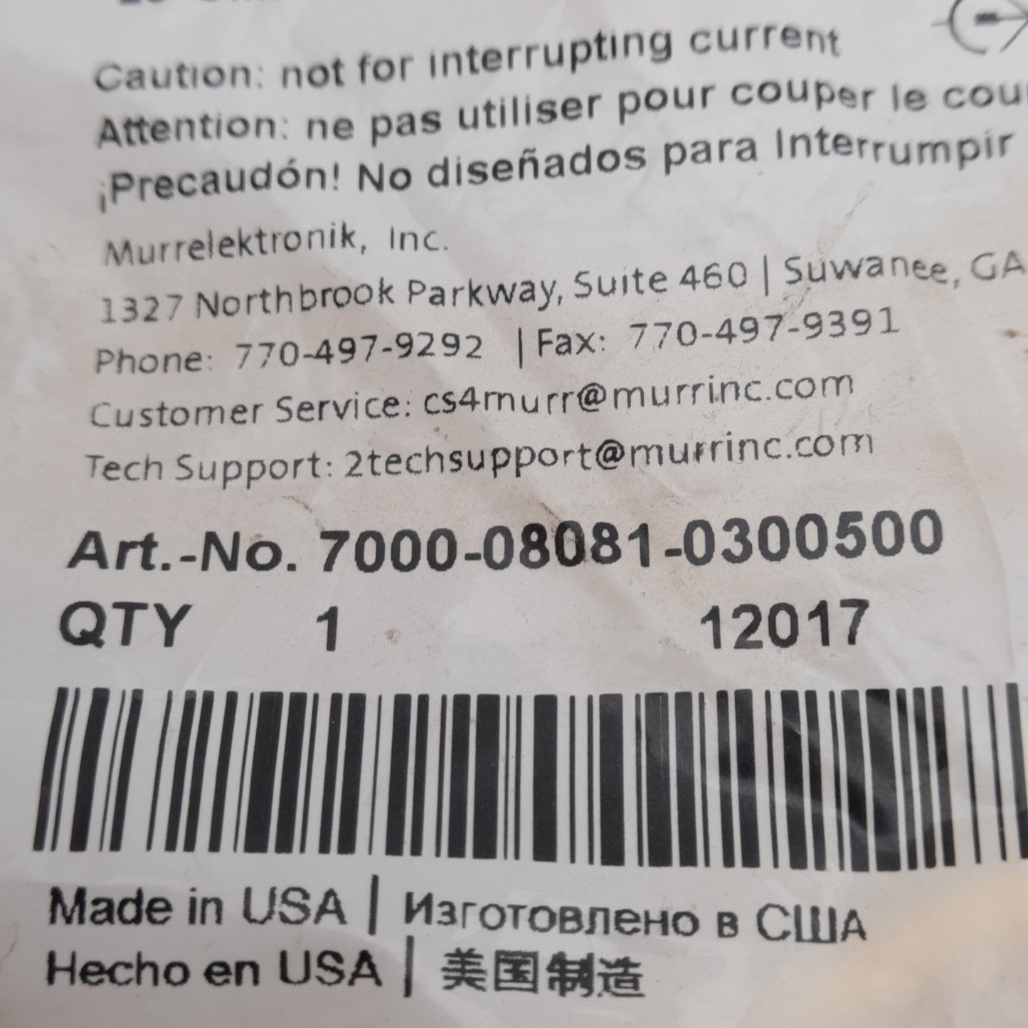 New Murr Elektronik 7000-08081-0300500 Cordset, 60VAC/DC 4A, M8 3-Pin Female, 5m