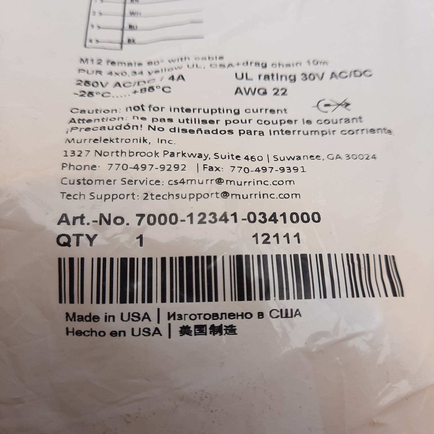 New Murr Elektronik 7000-12341-0341000 Cordset, 250VAC/DC 4A, M12 5-Pin Female, 10m
