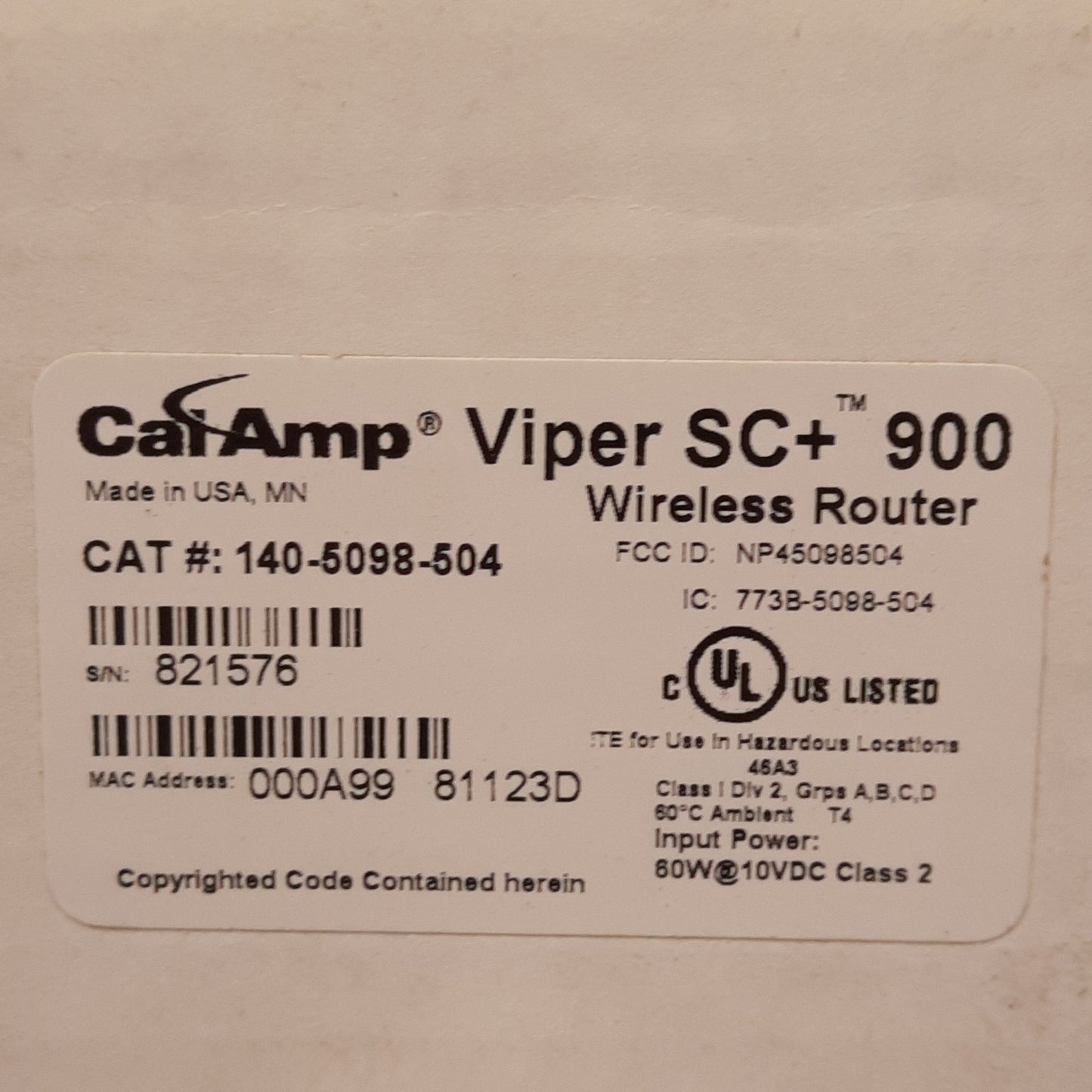 New CalAmp 140-5098-504 Viper SC+ 900 Wireless Router, RJ-45, RS-232 DB-9, 10-30VDC